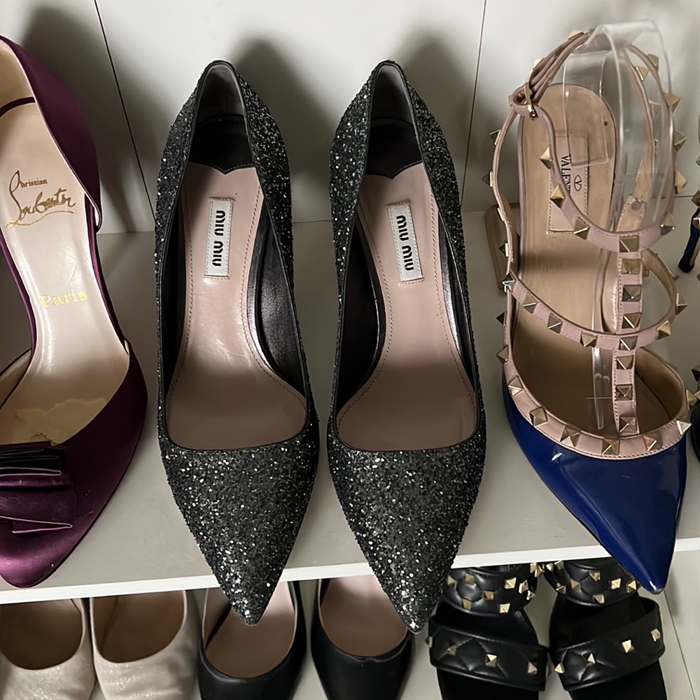 Authentic MiuMiu Silver Glitter heels